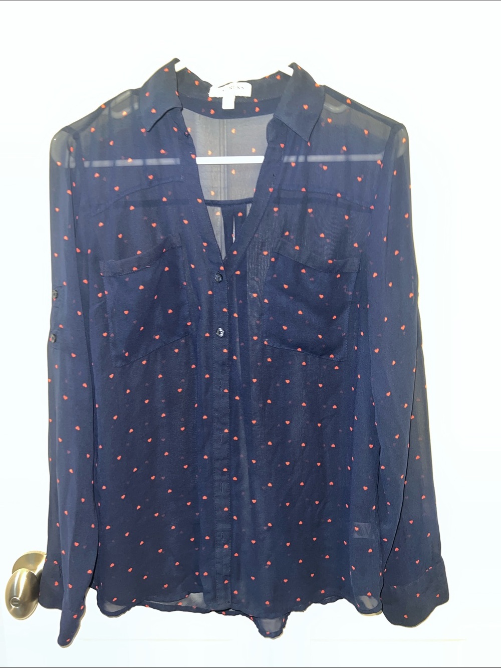 Express Navy Sheer Button-Down Blouse with Red Heart Print